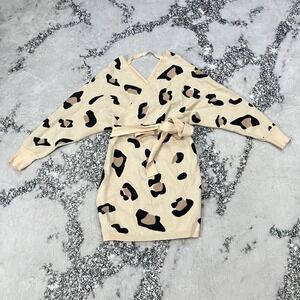 Leopard Print Wrap Sweater Dress Tie Waist Dolman Sleeve Womens Size Large